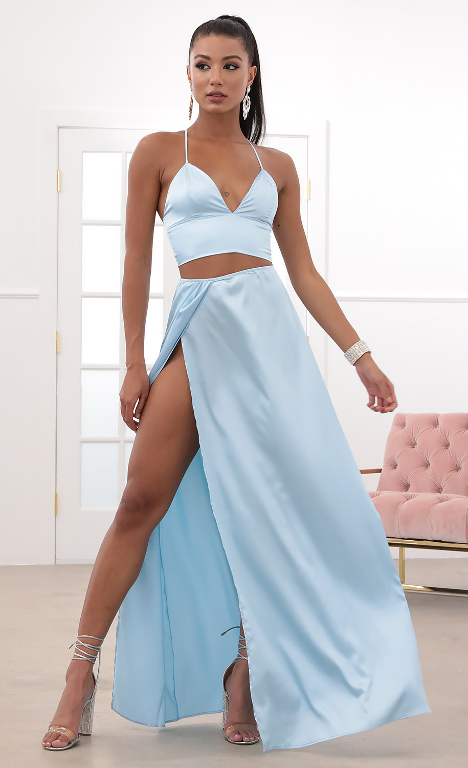 Satin Maxi Set in Baby Blue