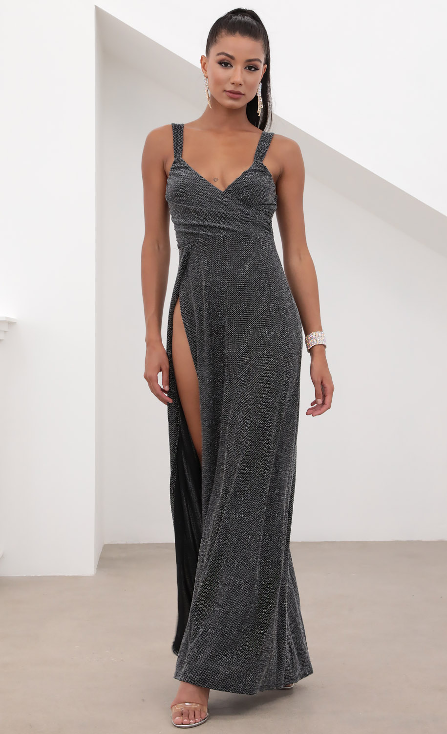 Sweetheart Ruched Maxi in Black Shimmer
