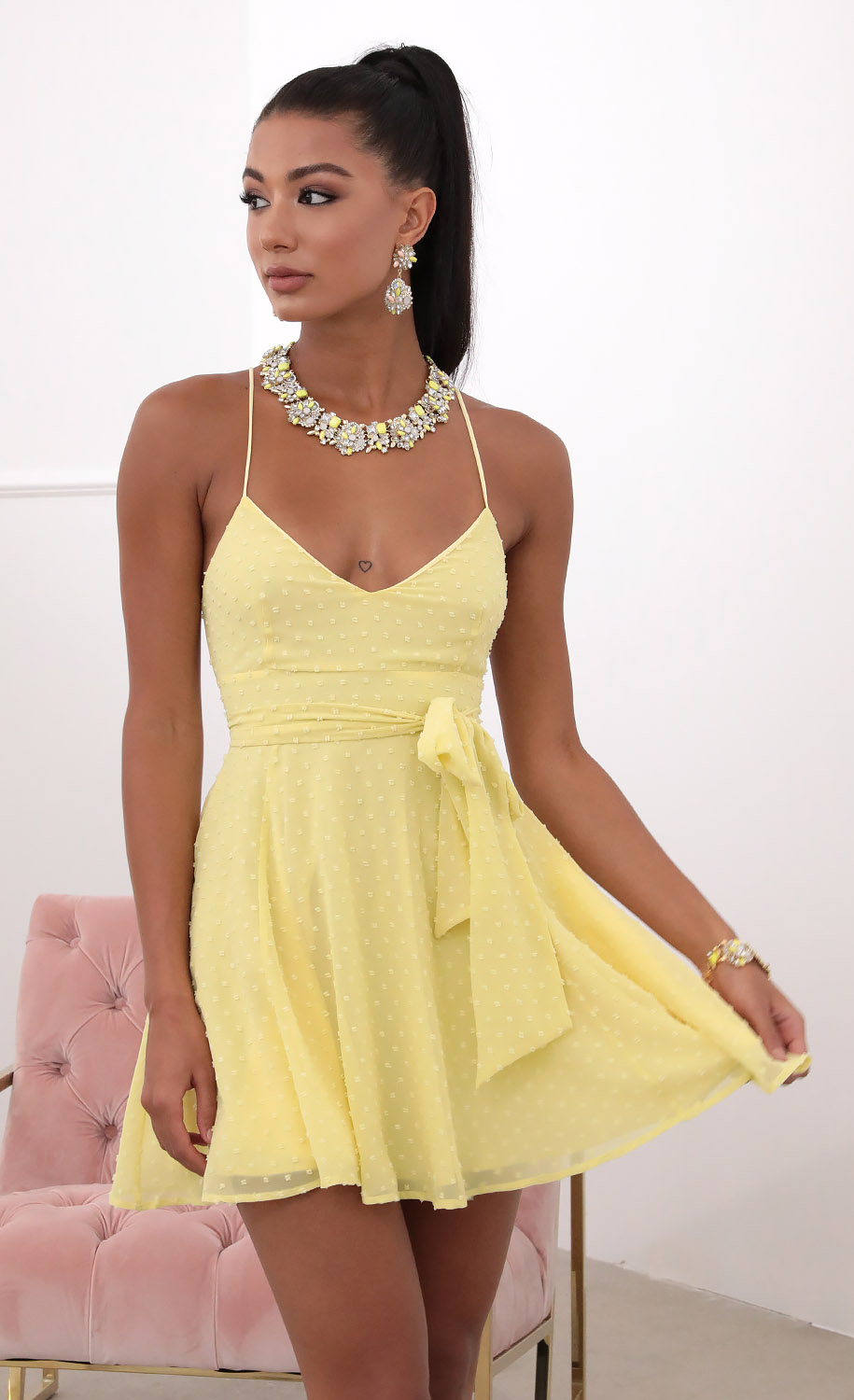 Tie A-line Dress in Yellow Dots