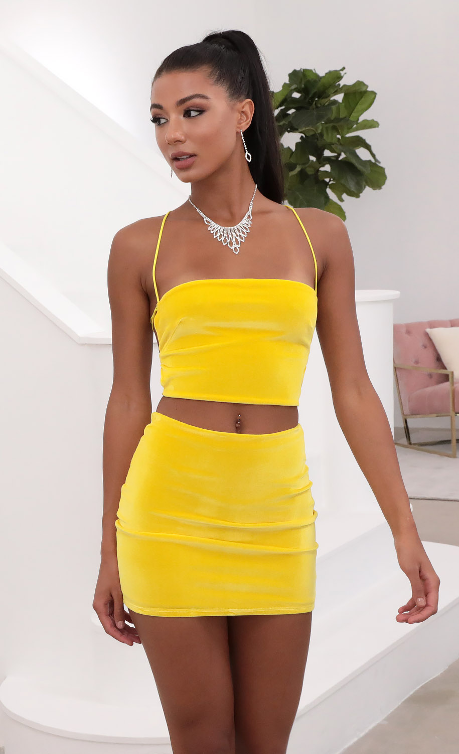 Crushed Velvet Lace-Up Set In Yellow