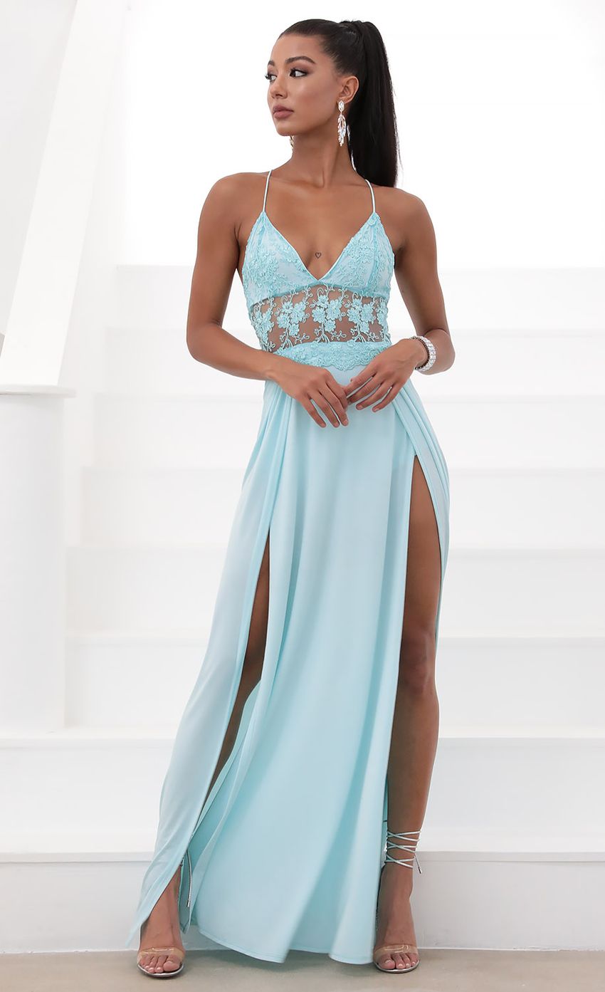 Picture Lace Maxi Dress in Aqua Blue. Source: https://media-img.lucyinthesky.com/data/May20_2/850xAUTO/781A1089.JPG