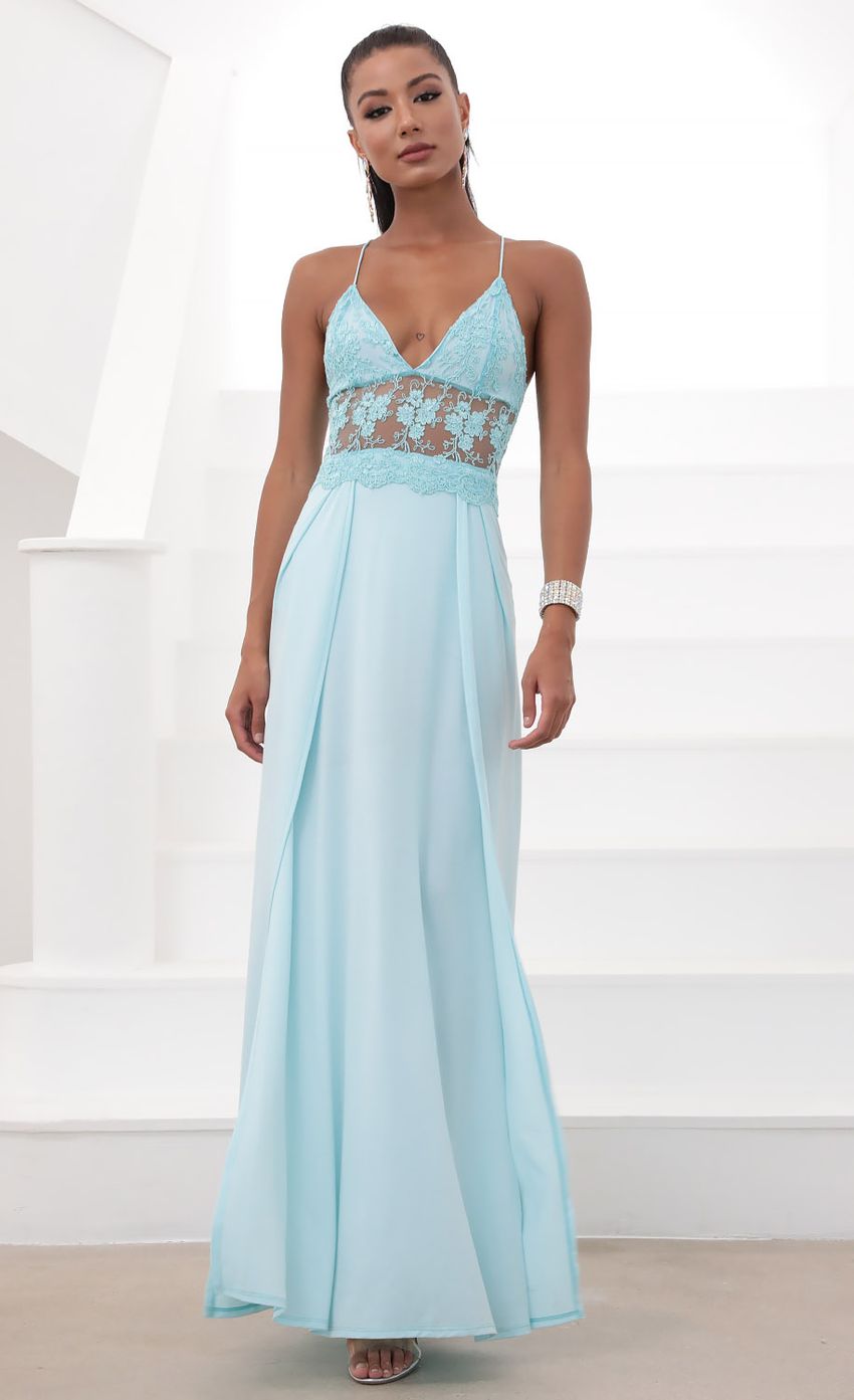 Picture Lace Maxi Dress in Aqua Blue. Source: https://media-img.lucyinthesky.com/data/May20_2/850xAUTO/781A1108.JPG