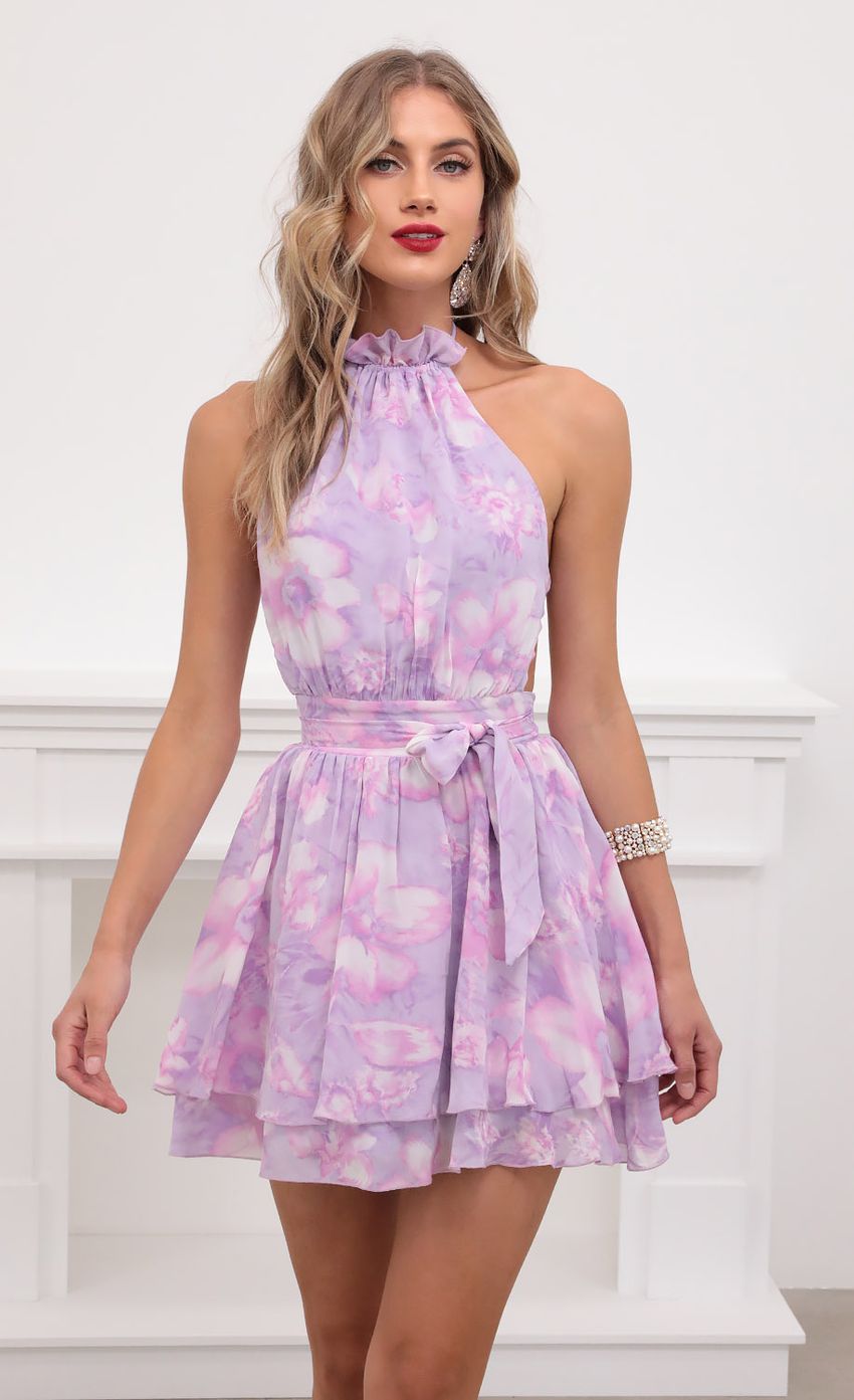 Picture Brielle Floral Halter Dress in Lilac. Source: https://media-img.lucyinthesky.com/data/May20_2/850xAUTO/781A1115.JPG