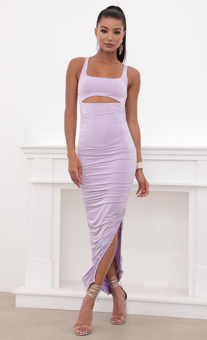 Picture Ruched Cutout Maxi in Lilac. Source: https://media-img.lucyinthesky.com/data/May20_2/850xAUTO/781A1422.JPG