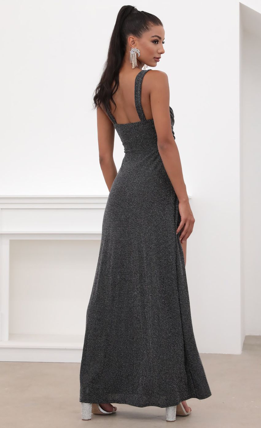 Picture Sweetheart Ruched Maxi in Black Shimmer. Source: https://media-img.lucyinthesky.com/data/May20_2/850xAUTO/781A1774.JPG