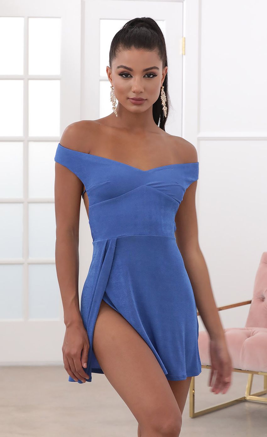 Picture Off Shoulder Dress in Royal Blue. Source: https://media-img.lucyinthesky.com/data/May20_2/850xAUTO/781A28901.JPG