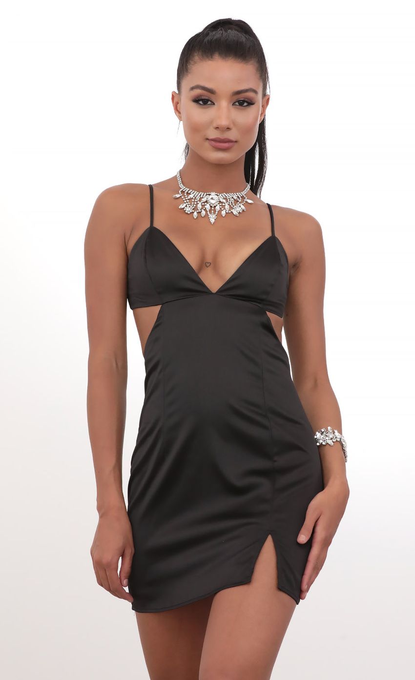 Picture Take What You Want Satin Dress in Black. Source: https://media-img.lucyinthesky.com/data/May20_2/850xAUTO/781A4157.JPG