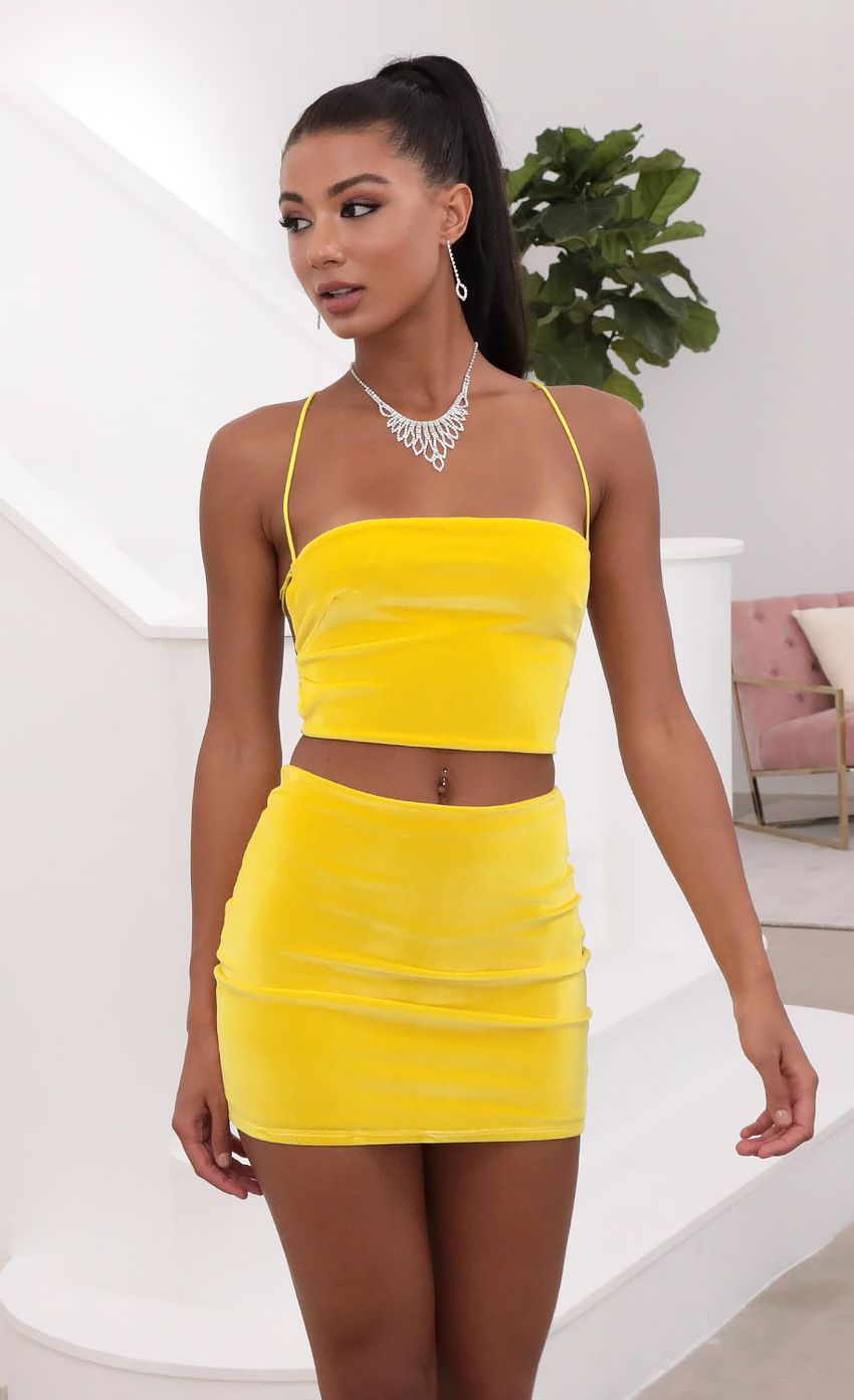 Picture Crushed Velvet Lace-Up Set In Yellow. Source: https://media-img.lucyinthesky.com/data/May20_2/850xAUTO/781A5663S.JPG