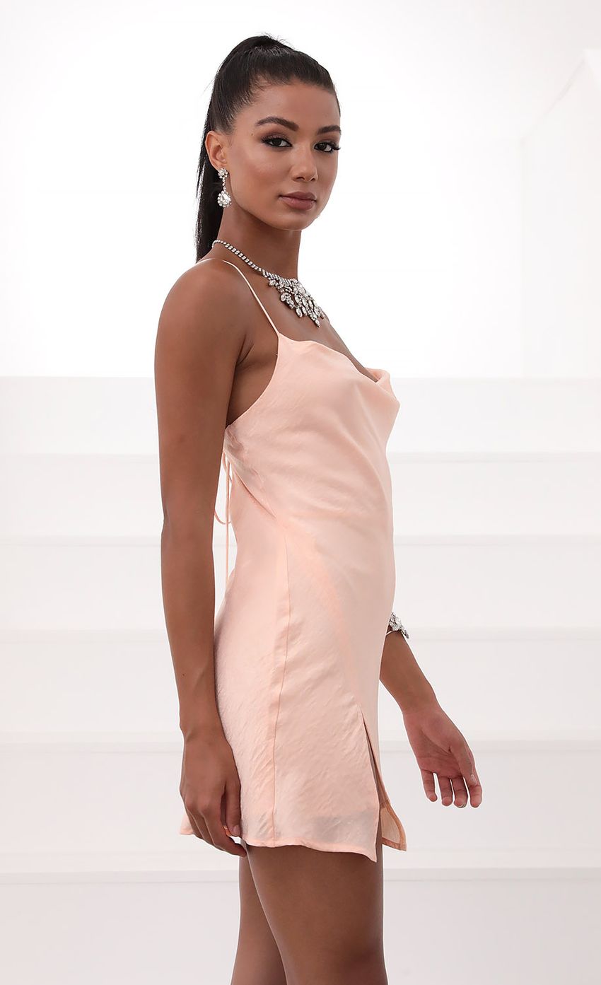 Picture Willow Satin Slit Cowl Dress in Light Pink. Source: https://media-img.lucyinthesky.com/data/May20_2/850xAUTO/781A6979.JPG