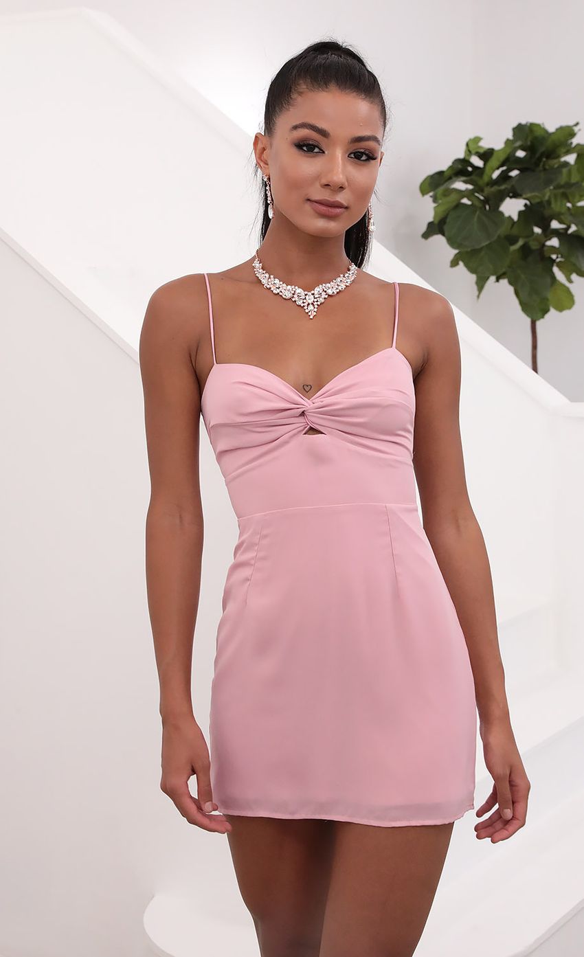Picture Evelyn Front Twist Chiffon Dress in Pink. Source: https://media-img.lucyinthesky.com/data/May20_2/850xAUTO/781A7442.JPG