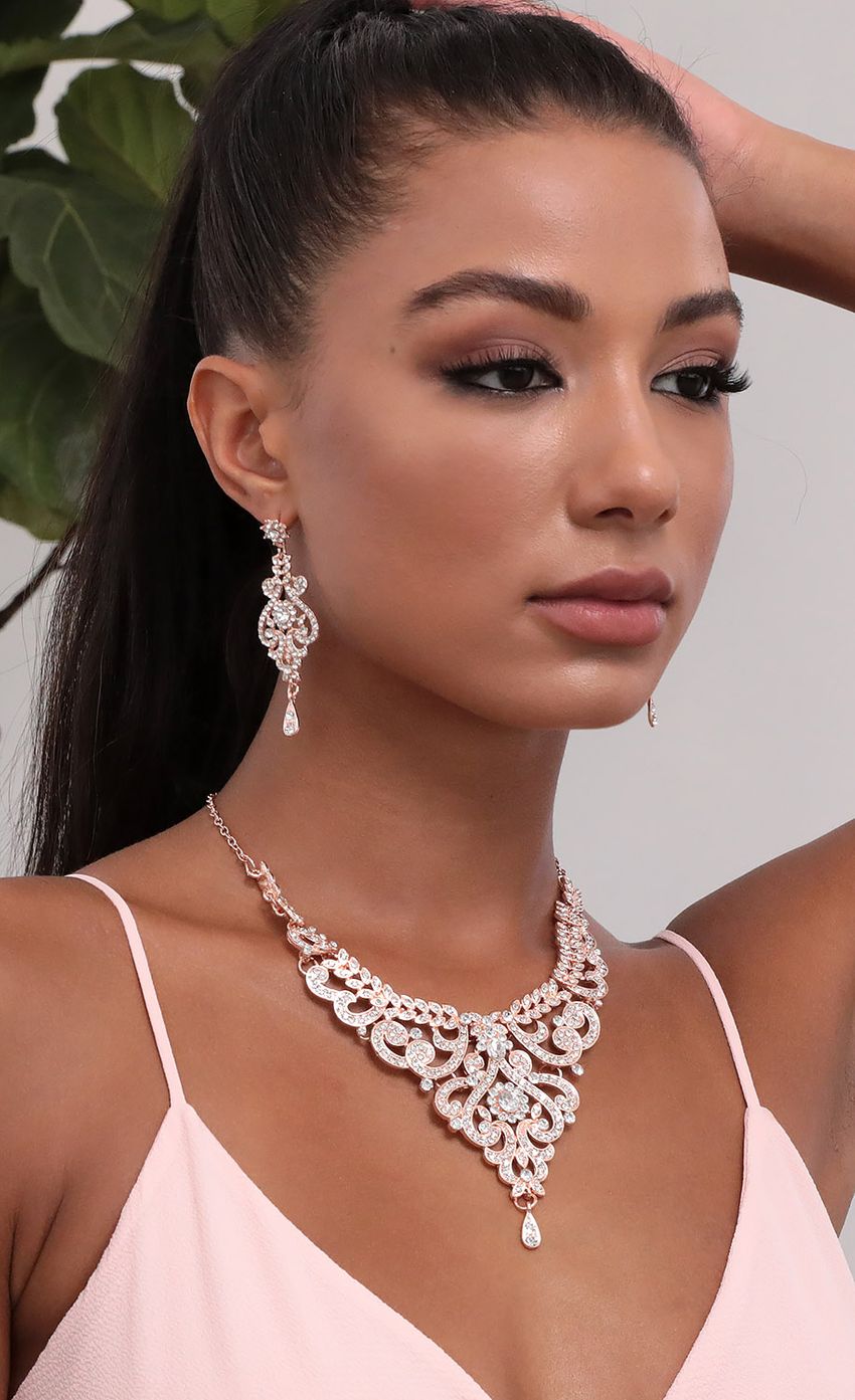 Picture Kailani Rose Gold Necklace &amp; earrings. Source: https://media-img.lucyinthesky.com/data/May20_2/850xAUTO/781A8375.JPG