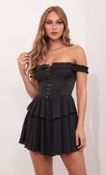 Picture Off The Shoulder Lace Up Dress in Black. Source: https://media-img.lucyinthesky.com/data/May21_1/150xAUTO/1V9A4484.JPG