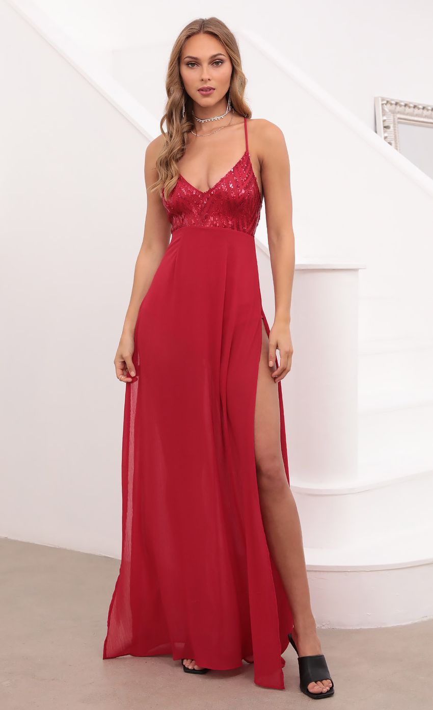 Picture Sequin Maxi Dress in Red. Source: https://media-img.lucyinthesky.com/data/May21_1/850xAUTO/1V9A0495.JPG