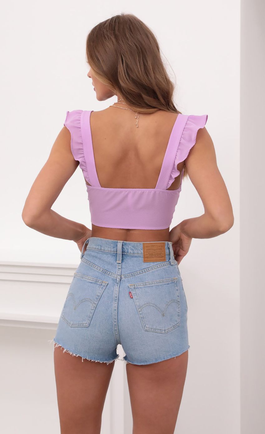 Picture Ruffle Tie Crop Top in Lavender. Source: https://media-img.lucyinthesky.com/data/May21_1/850xAUTO/1V9A0525.JPG
