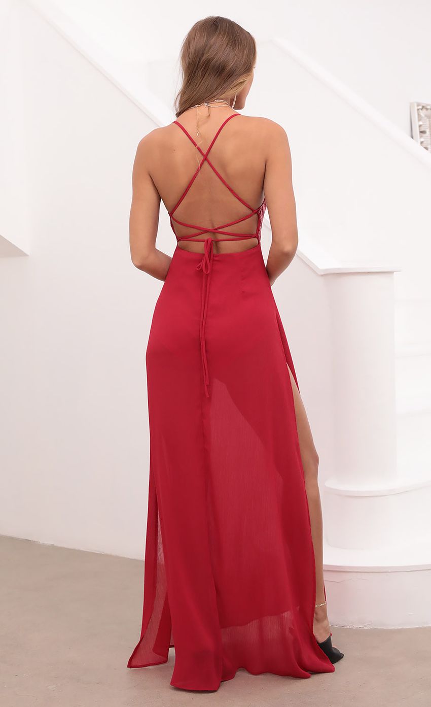 Picture Sequin Maxi Dress in Red. Source: https://media-img.lucyinthesky.com/data/May21_1/850xAUTO/1V9A0601.JPG