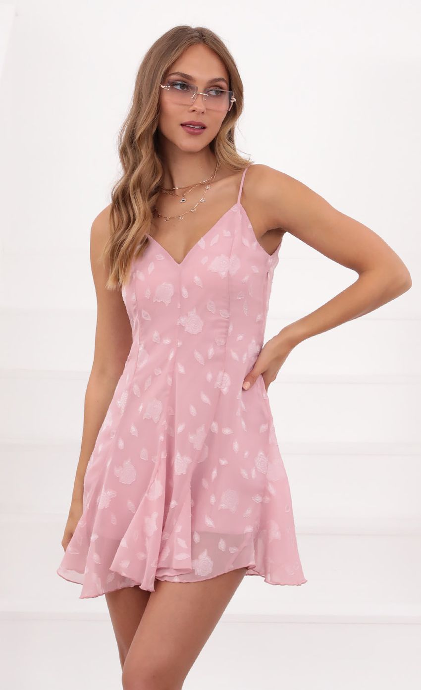 Picture A-Line Flared Floral Dress in Pink. Source: https://media-img.lucyinthesky.com/data/May21_1/850xAUTO/1V9A2535.JPG