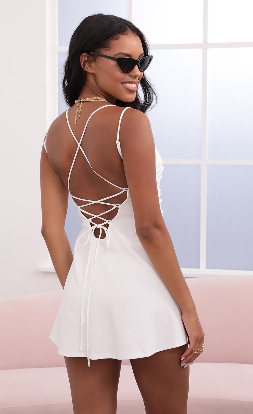 Picture Ruched A-Line Dress in White. Source: https://media-img.lucyinthesky.com/data/May21_1/850xAUTO/1V9A2928.JPG