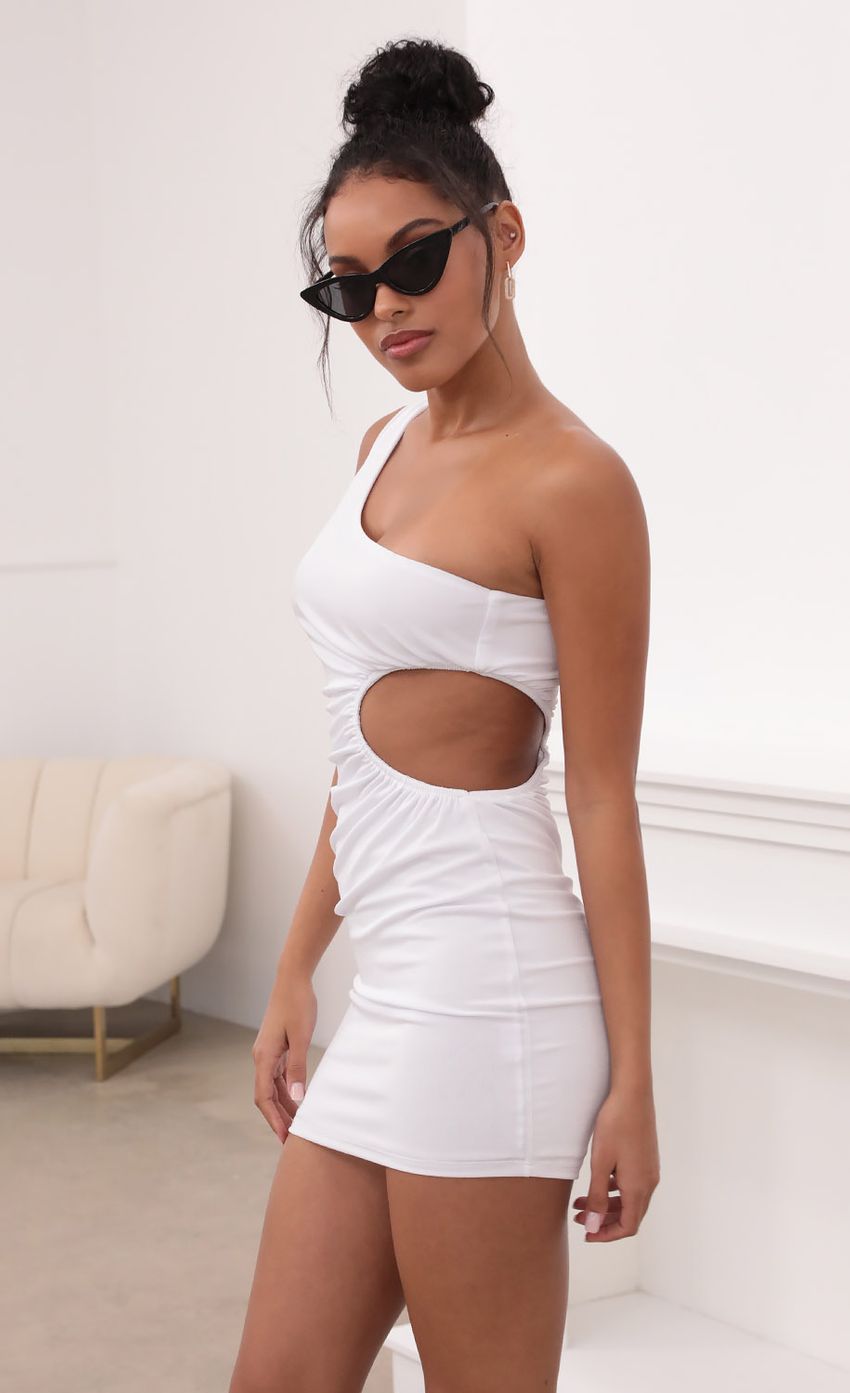 Picture One Shoulder Cutout Dress in White. Source: https://media-img.lucyinthesky.com/data/May21_1/850xAUTO/1V9A3072.JPG