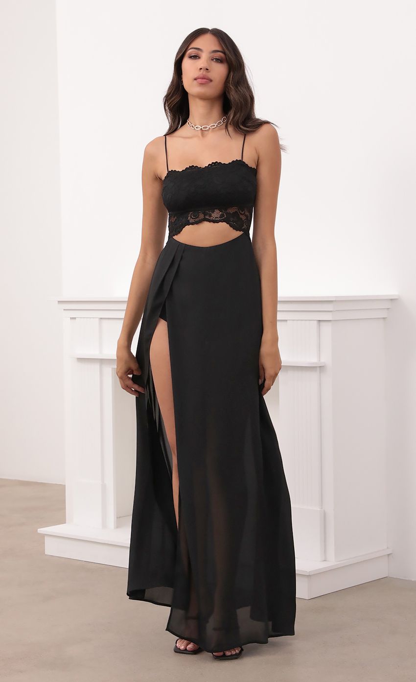 Picture Cutout Maxi Dress in Black Lace. Source: https://media-img.lucyinthesky.com/data/May21_1/850xAUTO/1V9A3964.JPG