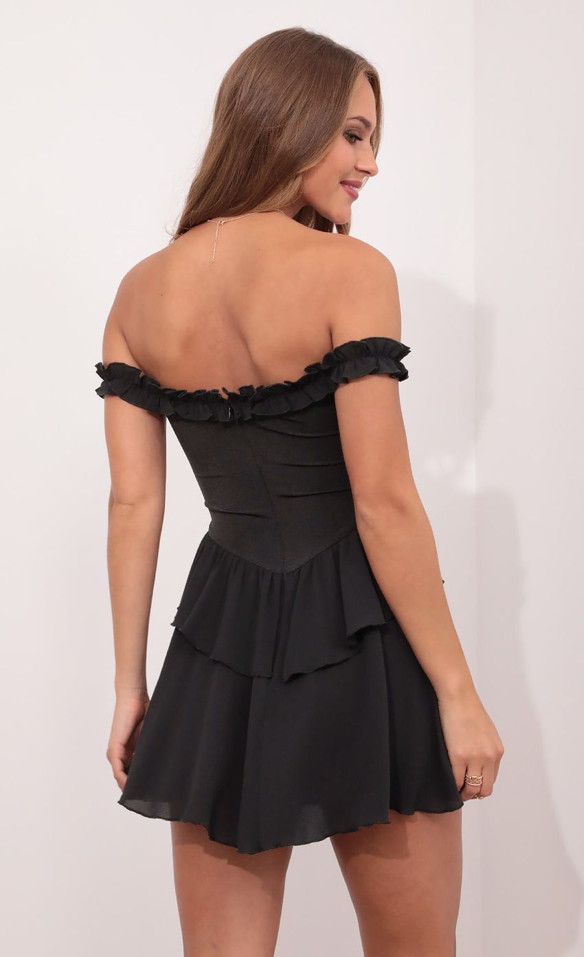 Picture Off The Shoulder Lace Up Dress in Black. Source: https://media-img.lucyinthesky.com/data/May21_1/850xAUTO/1V9A4550.JPG