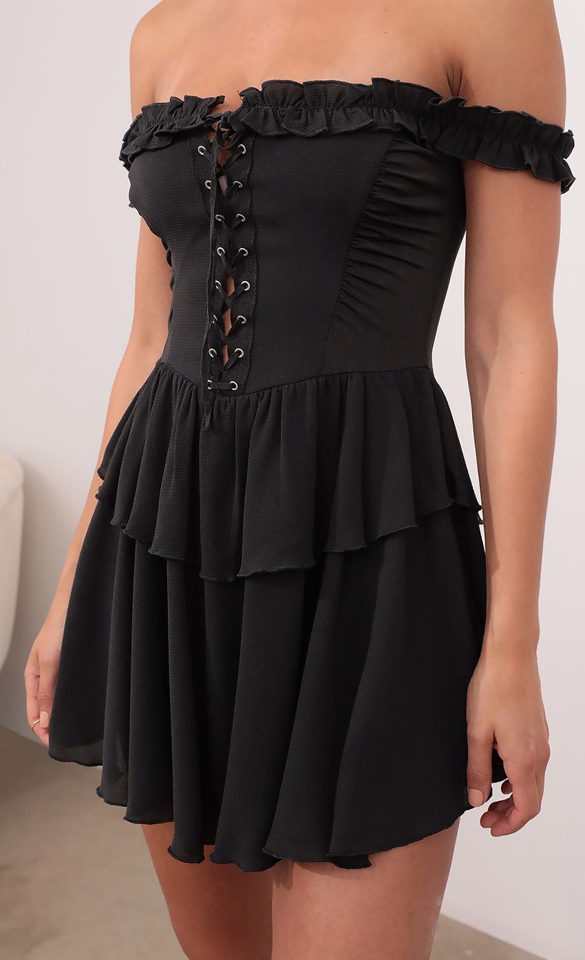 Picture Off The Shoulder Lace Up Dress in Black. Source: https://media-img.lucyinthesky.com/data/May21_1/850xAUTO/1V9A4584.JPG