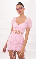 Picture Ruched Cutout and Ties Dress in Pink Dotted Chiffon. Source: https://media-img.lucyinthesky.com/data/May21_2/150xAUTO/1V9A1169.JPG