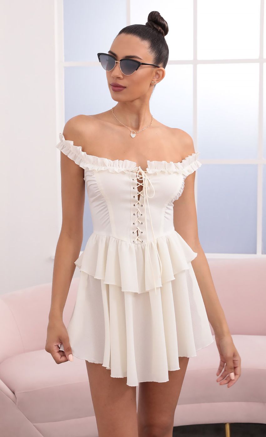 Picture Off The Shoulder Lace Up Dress in Ivory. Source: https://media-img.lucyinthesky.com/data/May21_2/850xAUTO/1V9A05461.JPG