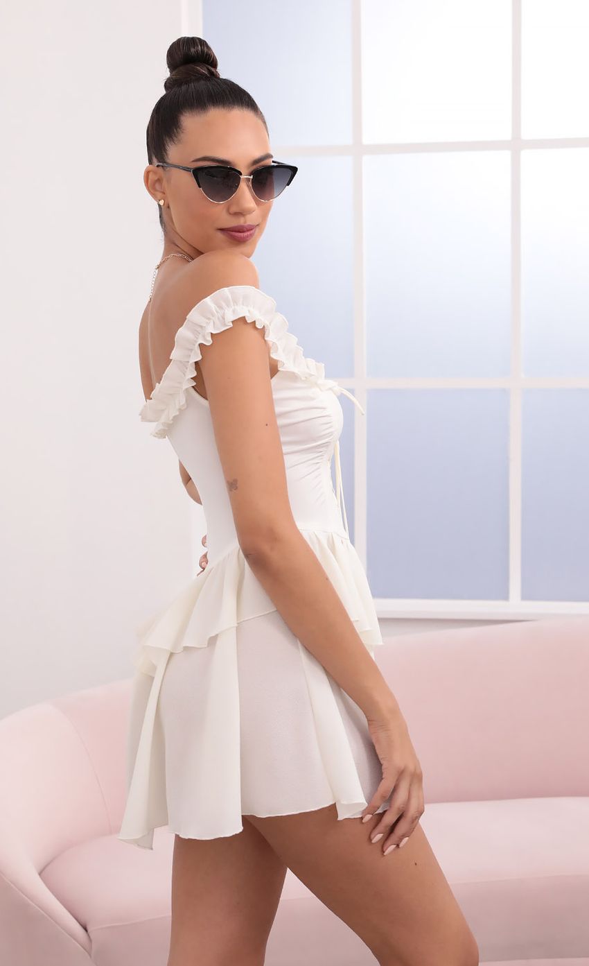 Picture Off The Shoulder Lace Up Dress in Ivory. Source: https://media-img.lucyinthesky.com/data/May21_2/850xAUTO/1V9A0579.JPG