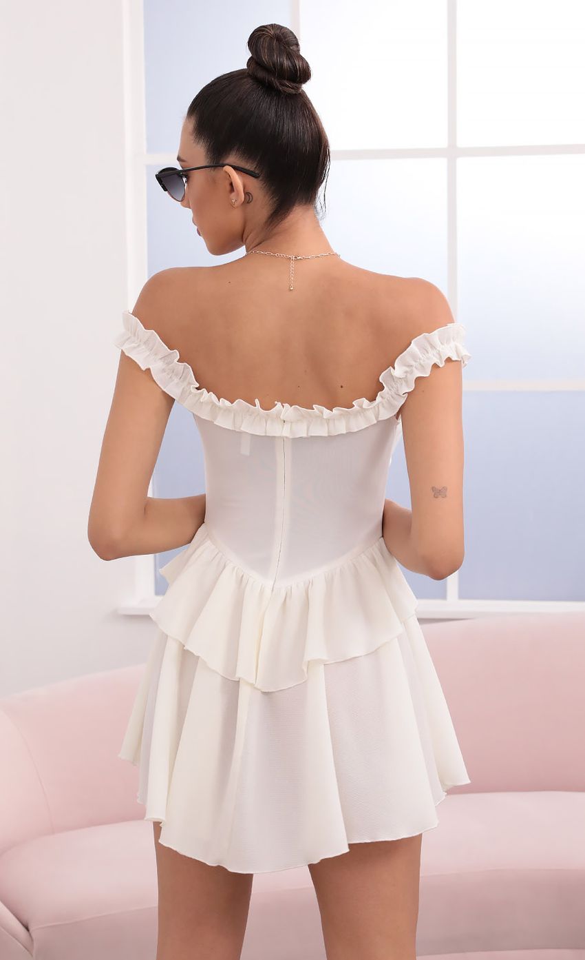 Picture Off The Shoulder Lace Up Dress in Ivory. Source: https://media-img.lucyinthesky.com/data/May21_2/850xAUTO/1V9A0588.JPG