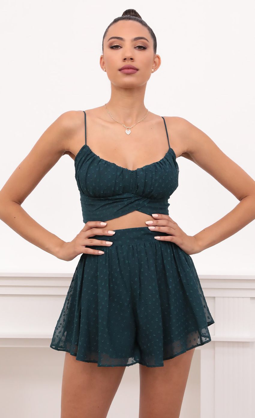 Picture Ruched Set in Hunter Green Dotted Chiffon. Source: https://media-img.lucyinthesky.com/data/May21_2/850xAUTO/1V9A0672.JPG