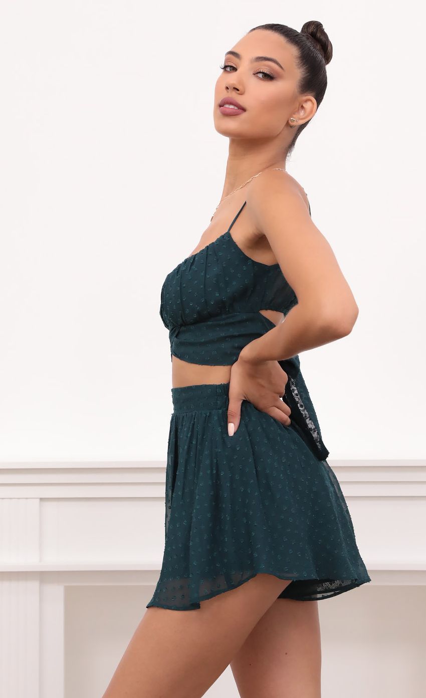 Picture Ruched Set in Hunter Green Dotted Chiffon. Source: https://media-img.lucyinthesky.com/data/May21_2/850xAUTO/1V9A0704.JPG