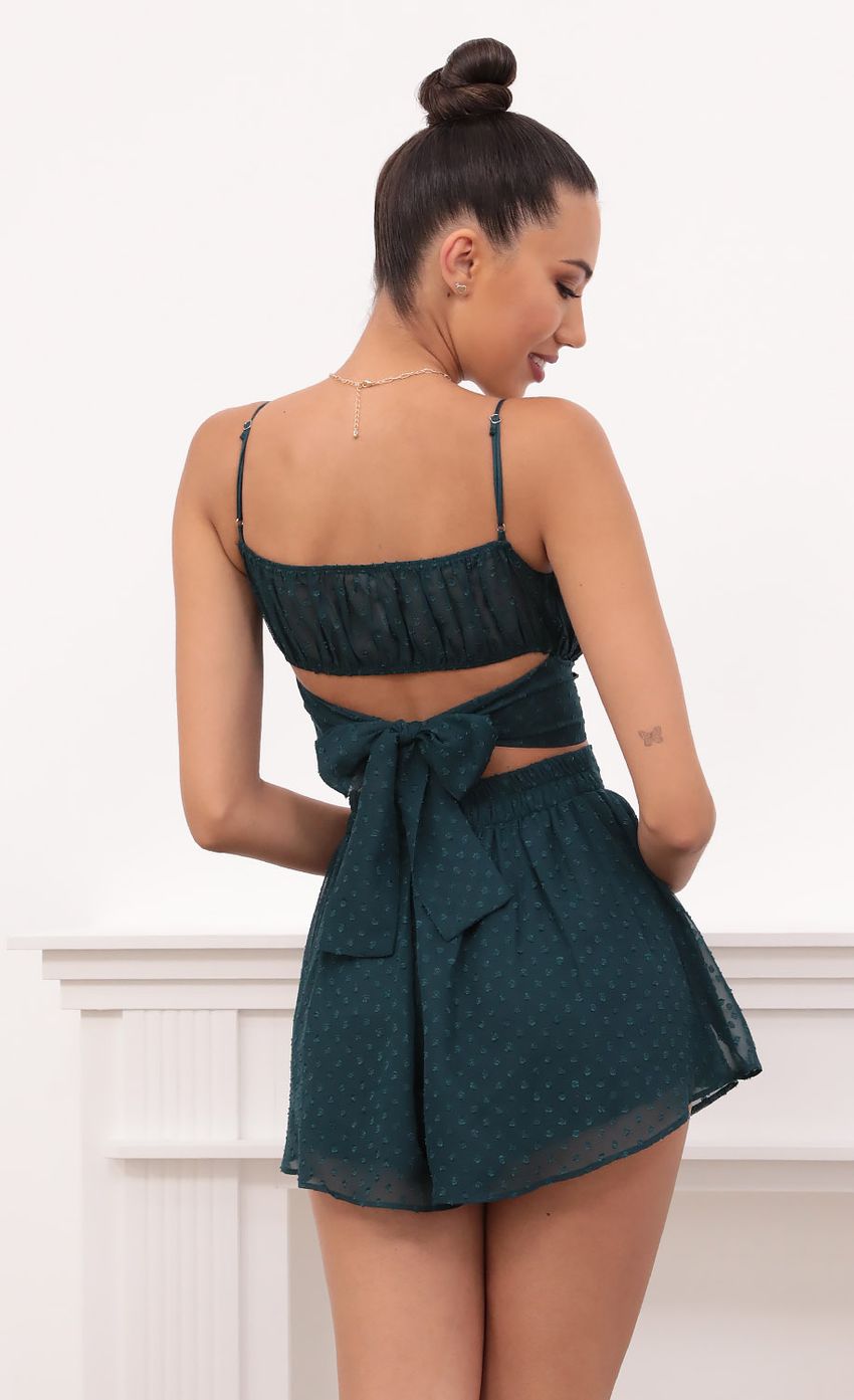 Picture Ruched Set in Hunter Green Dotted Chiffon. Source: https://media-img.lucyinthesky.com/data/May21_2/850xAUTO/1V9A0725.JPG