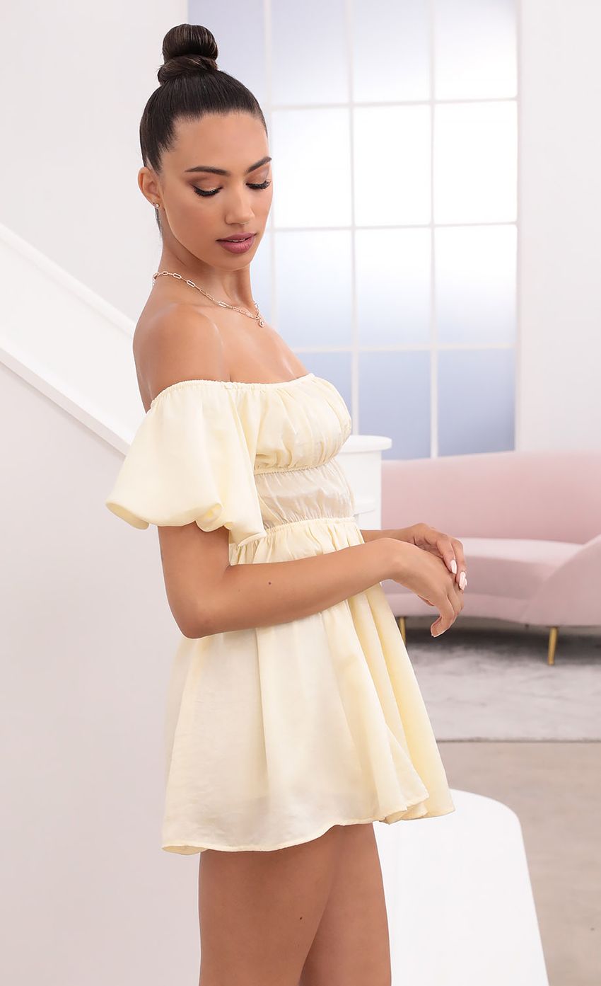 Picture Off The Shoulder Dress in Pastel Yellow. Source: https://media-img.lucyinthesky.com/data/May21_2/850xAUTO/1V9A1314.JPG