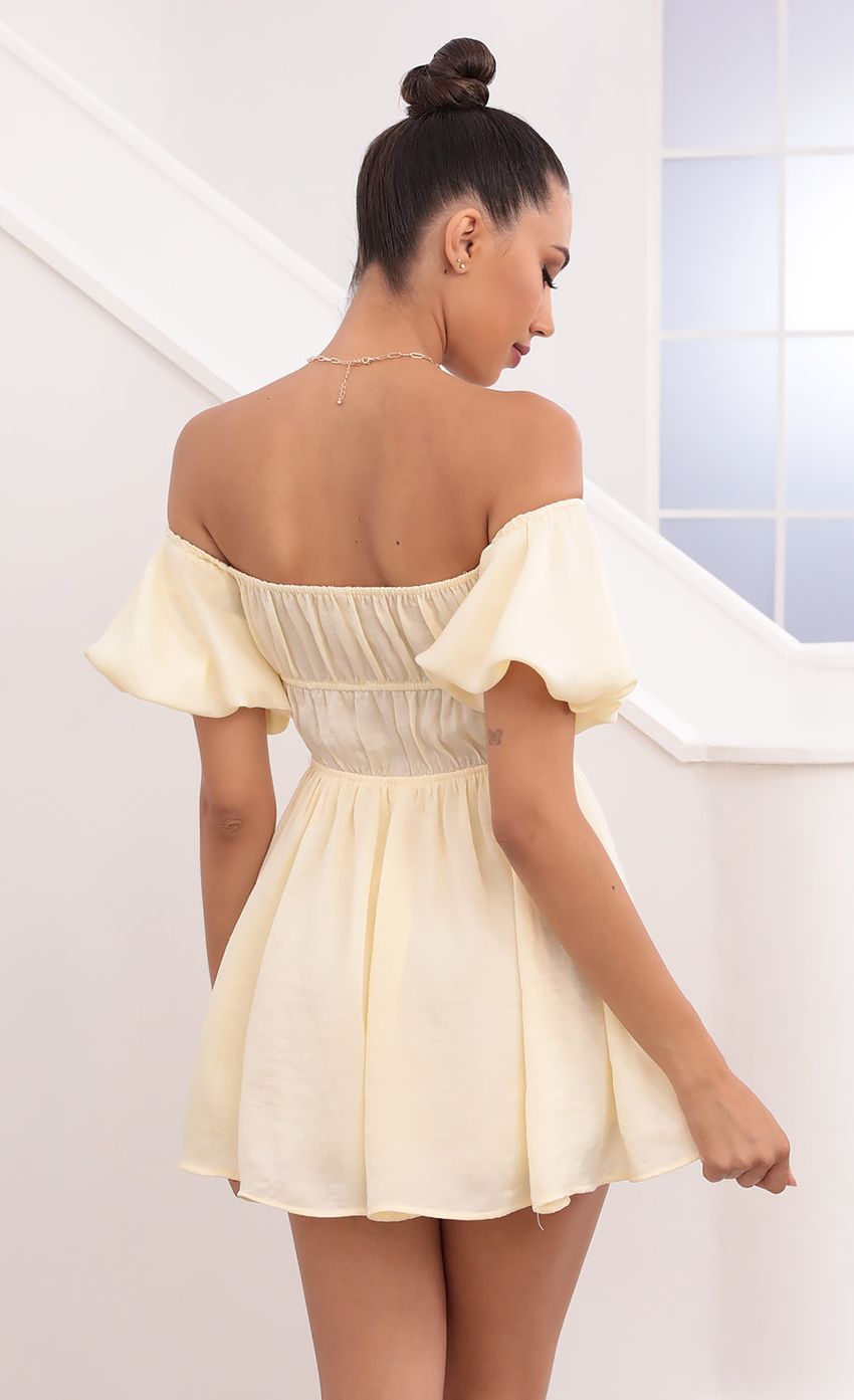 Picture Off The Shoulder Dress in Pastel Yellow. Source: https://media-img.lucyinthesky.com/data/May21_2/850xAUTO/1V9A1353.JPG