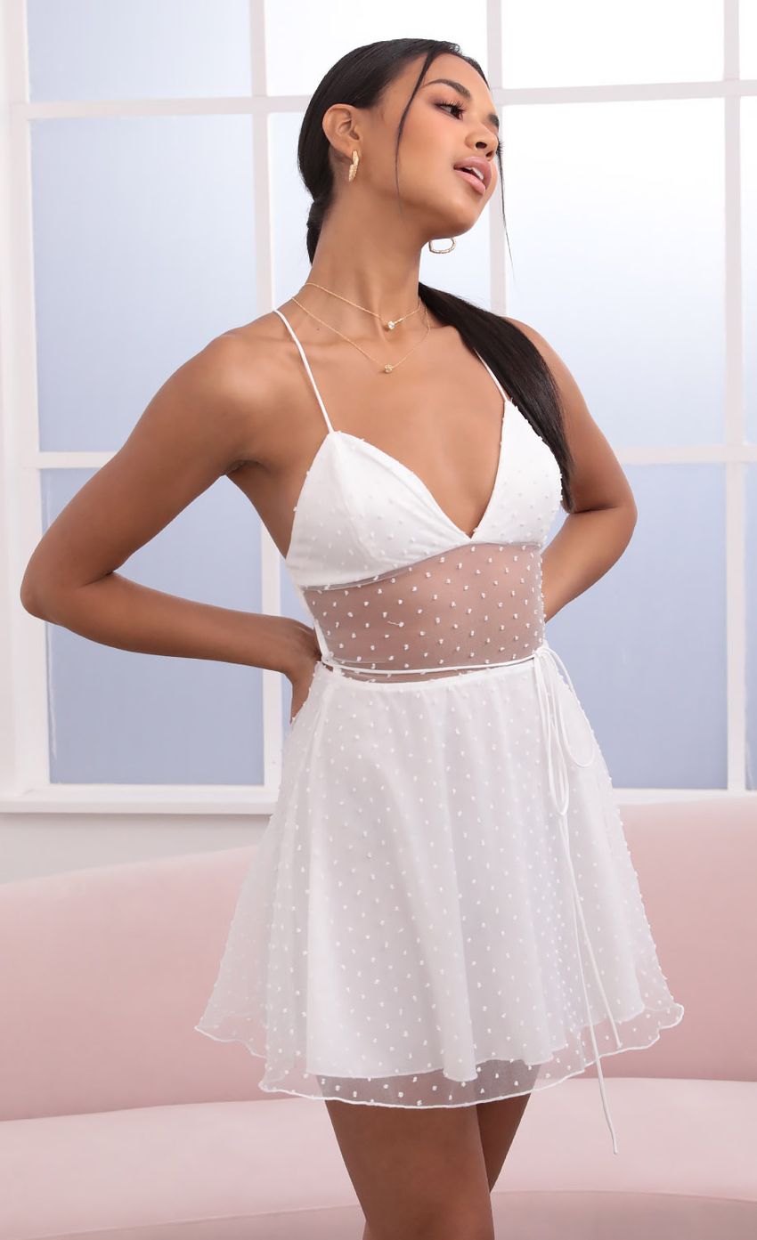 Picture Nita Dotted Chiffon A-Line Dress in White. Source: https://media-img.lucyinthesky.com/data/May21_2/850xAUTO/1V9A2142.JPG