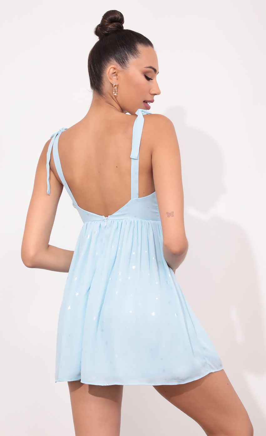 Picture Veronica Ties A-line Dress in Aqua Starlight. Source: https://media-img.lucyinthesky.com/data/May21_2/850xAUTO/1V9A2592.JPG