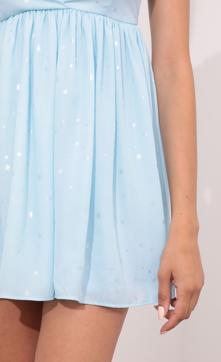 Picture Veronica Ties A-line Dress in Aqua Starlight. Source: https://media-img.lucyinthesky.com/data/May21_2/850xAUTO/1V9A2600.JPG