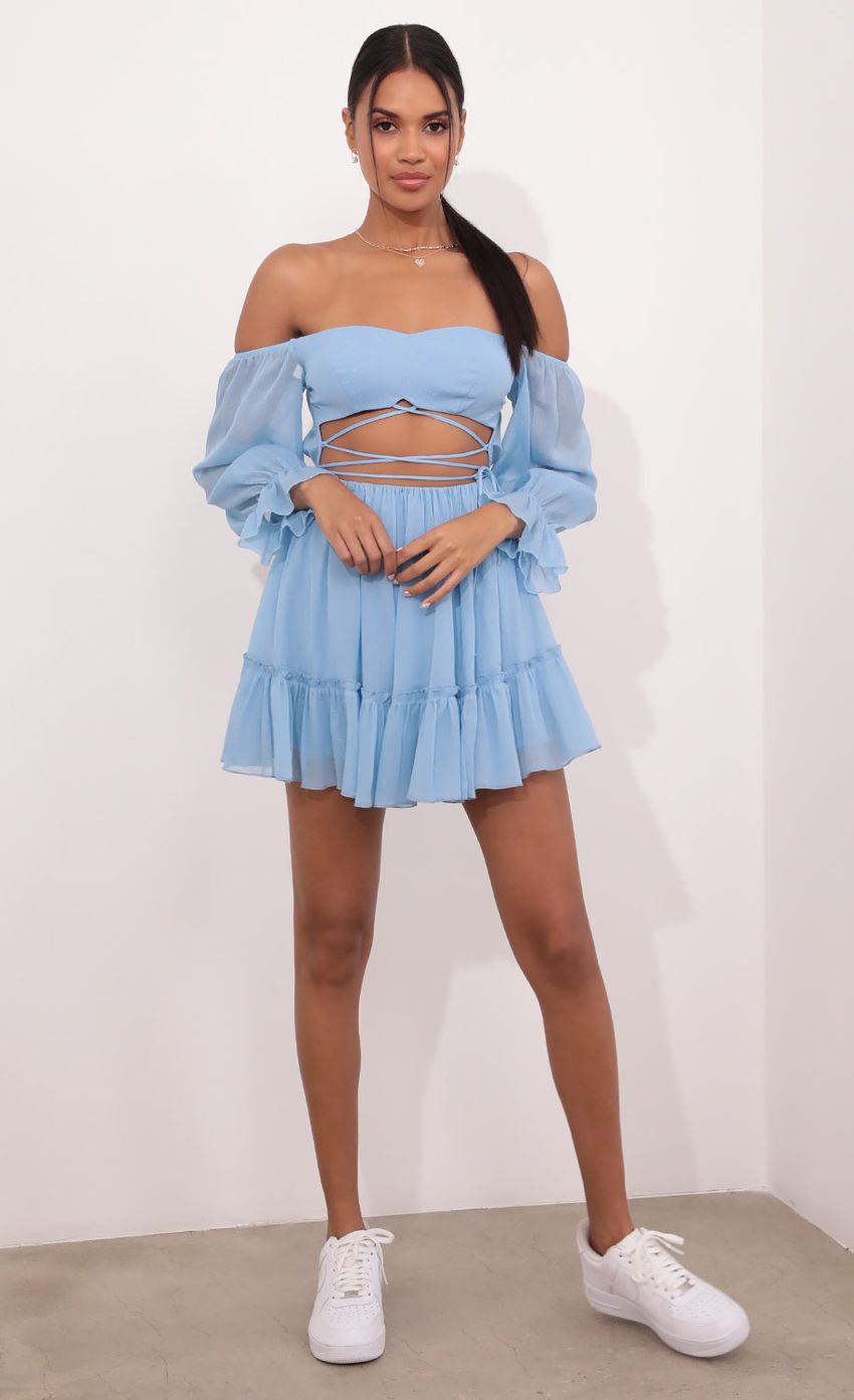 Picture Cutout Off The Shoulder Dress in Sky Blue. Source: https://media-img.lucyinthesky.com/data/May21_2/850xAUTO/1V9A4052.JPG