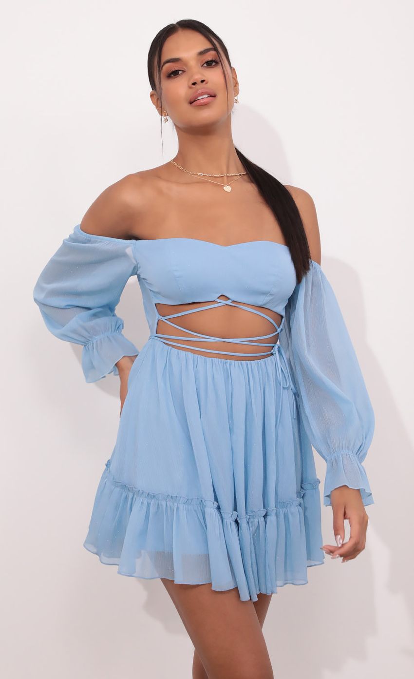 Picture Cutout Off The Shoulder Dress in Sky Blue. Source: https://media-img.lucyinthesky.com/data/May21_2/850xAUTO/1V9A4062.JPG
