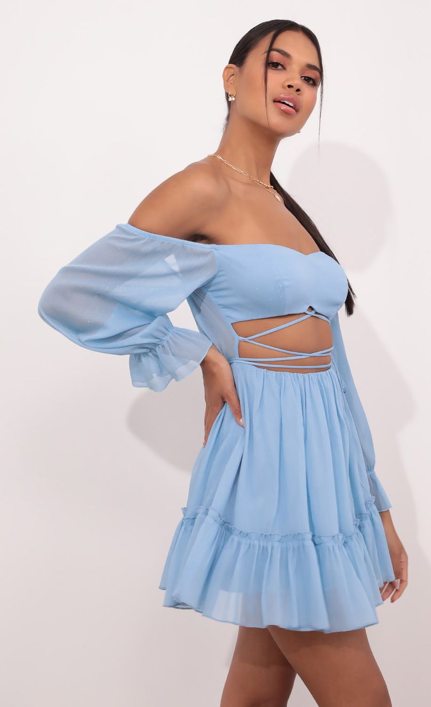 Picture Cutout Off The Shoulder Dress in Sky Blue. Source: https://media-img.lucyinthesky.com/data/May21_2/850xAUTO/1V9A4082.JPG