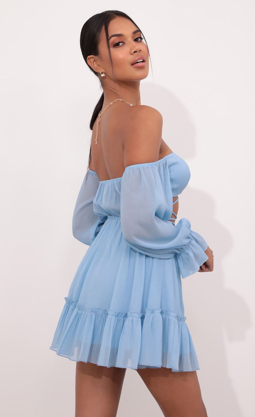 Picture Cutout Off The Shoulder Dress in Sky Blue. Source: https://media-img.lucyinthesky.com/data/May21_2/850xAUTO/1V9A4114.JPG