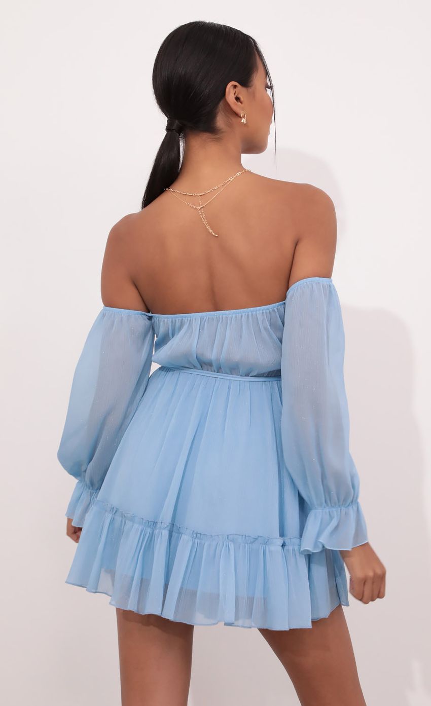 Picture Cutout Off The Shoulder Dress in Sky Blue. Source: https://media-img.lucyinthesky.com/data/May21_2/850xAUTO/1V9A4125.JPG