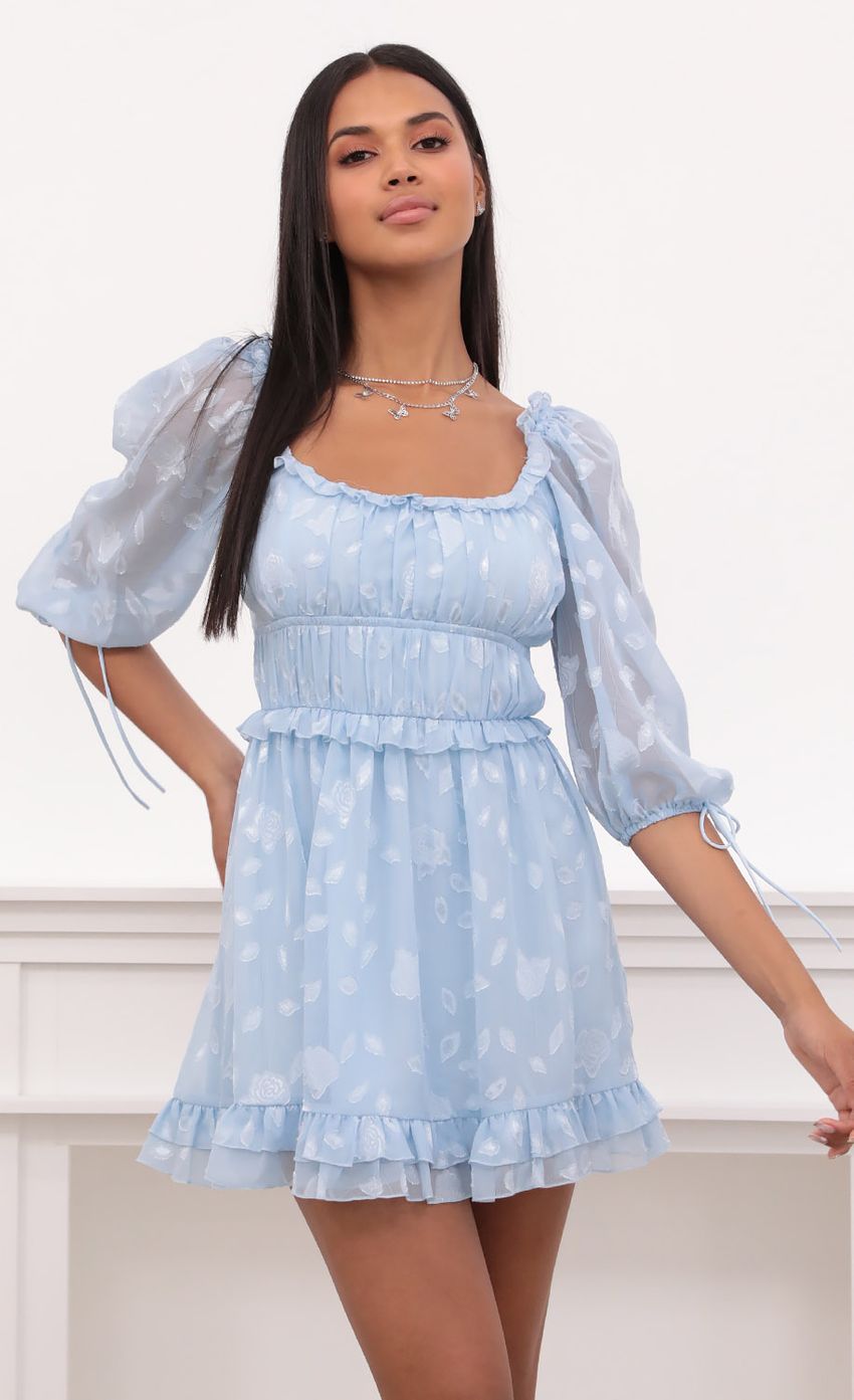 Puff Sleeve Dress in Light Blue Floral Chiffon | LUCY IN THE SKY