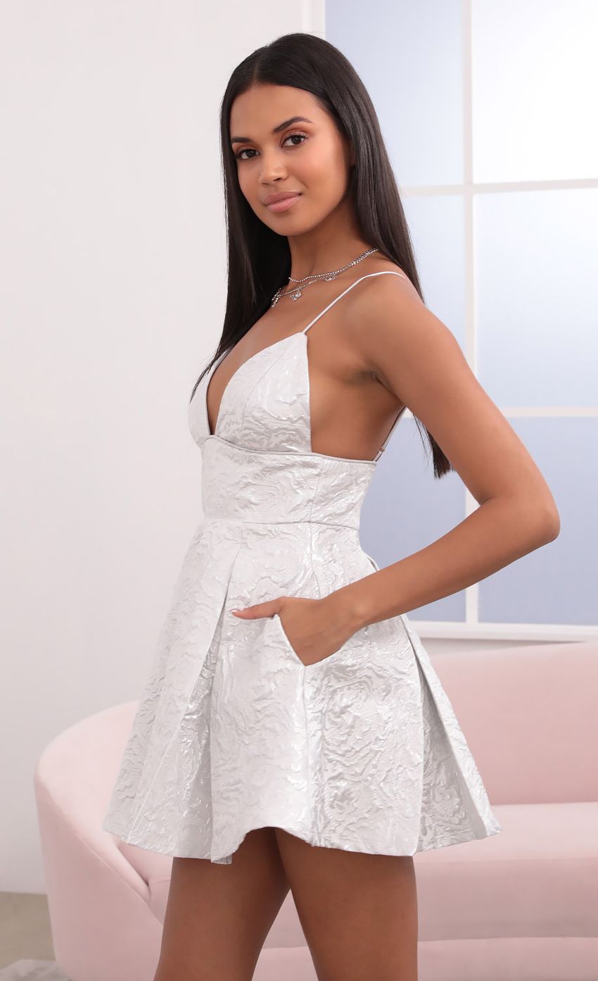 Picture Pleated Jacquard Dress in White and Silver. Source: https://media-img.lucyinthesky.com/data/May21_2/850xAUTO/1V9A5090.JPG