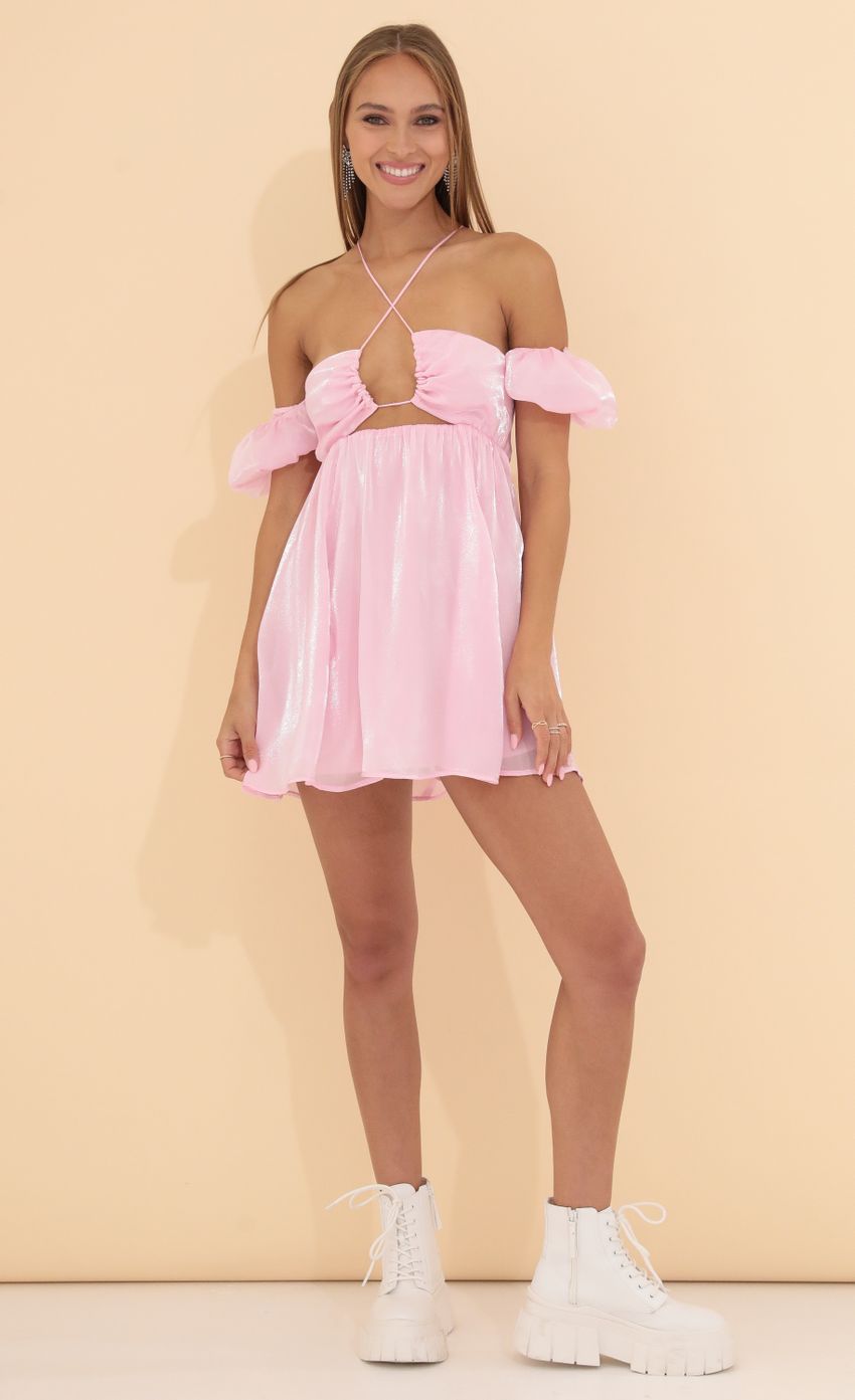 Picture Puff Sleeve Dress in Shiny Pink. Source: https://media-img.lucyinthesky.com/data/May22_1/850xAUTO/1V9A3040.JPG