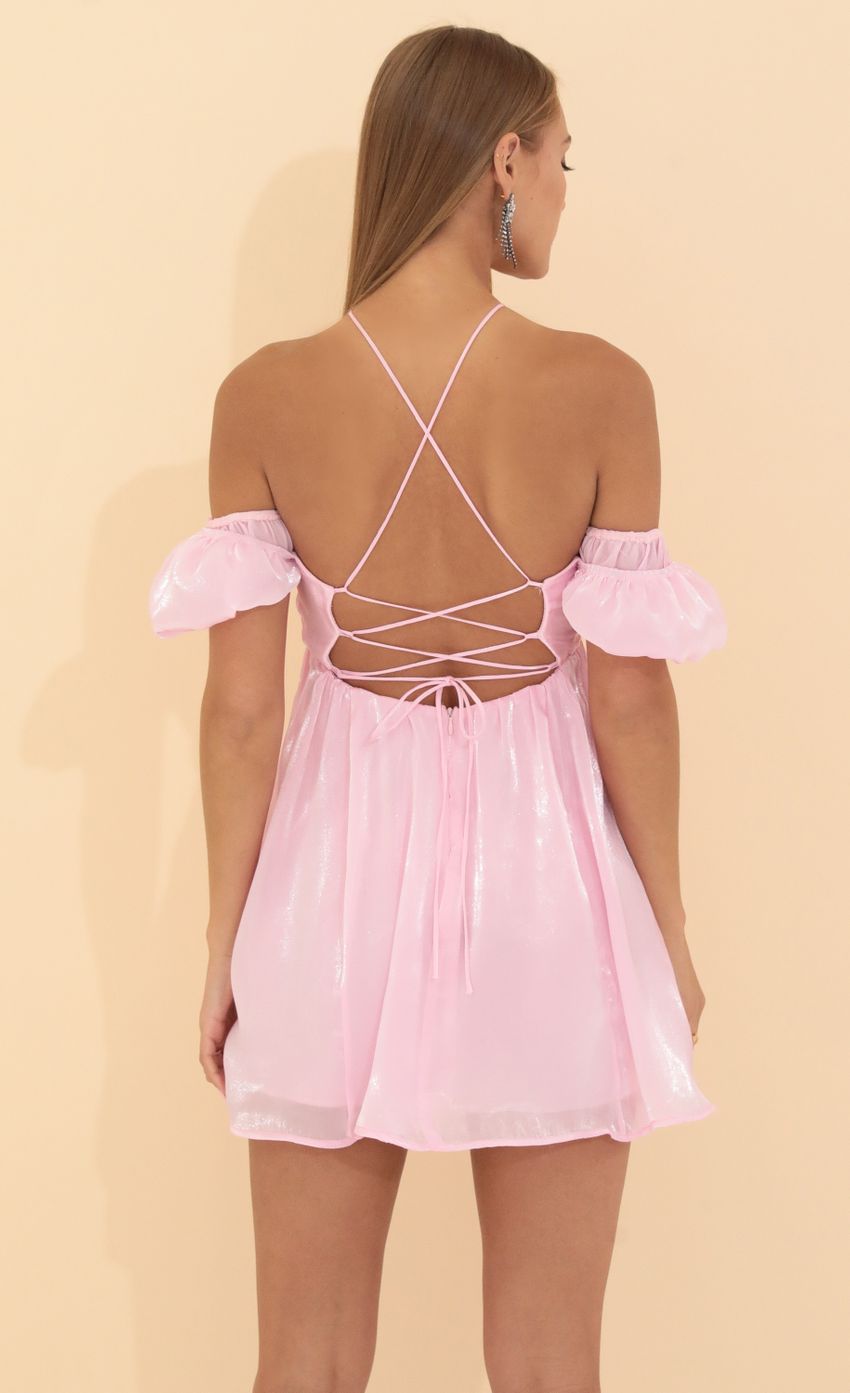 Picture Puff Sleeve Dress in Shiny Pink. Source: https://media-img.lucyinthesky.com/data/May22_1/850xAUTO/1V9A3199.JPG