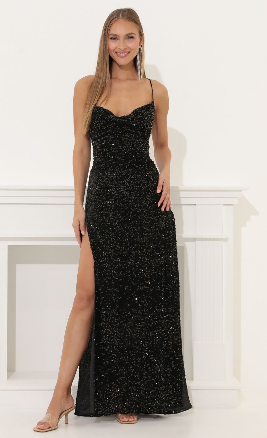 Picture Velvet Sequin Maxi Dress in Black. Source: https://media-img.lucyinthesky.com/data/May22_1/850xAUTO/1V9A3852.JPG