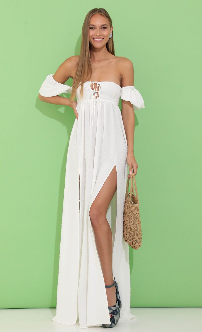 Picture Dotted Off The Shoulder Maxi in White. Source: https://media-img.lucyinthesky.com/data/May22_2/850xAUTO/1V9A00521.JPG