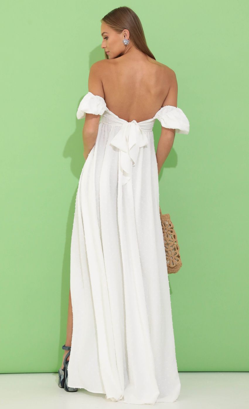 Picture Dotted Off The Shoulder Maxi in White. Source: https://media-img.lucyinthesky.com/data/May22_2/850xAUTO/1V9A0113.JPG