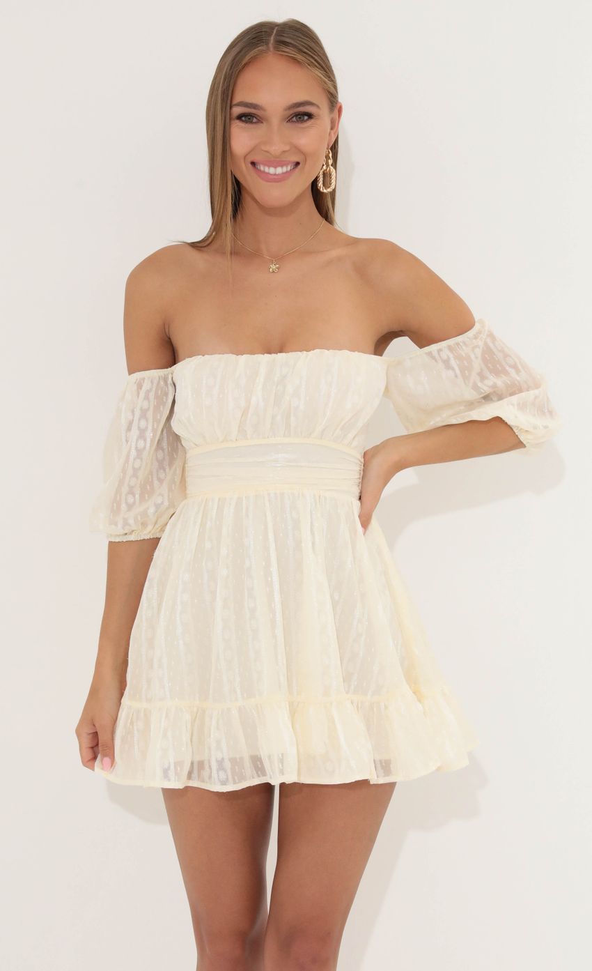 Picture Chiffon Off The Shoulder Dress in Cream. Source: https://media-img.lucyinthesky.com/data/May22_2/850xAUTO/1V9A0391.JPG
